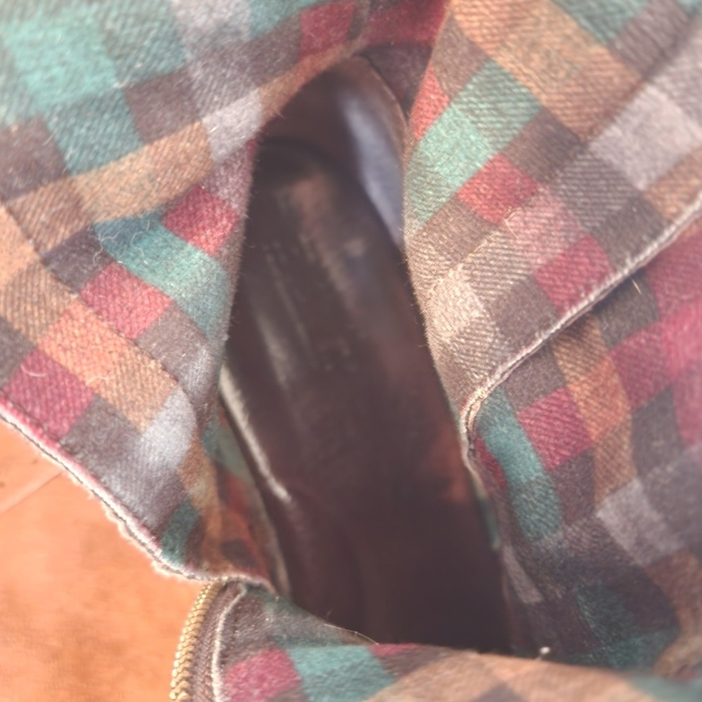 Born Poly Brown Suede Knee High Riding Boots Plaid Lining. Festival Gritty Boho - Picture 10 of 14